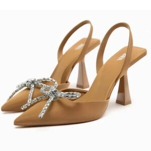 Zara tan sequin bow tie skin back kitten heels EU 38